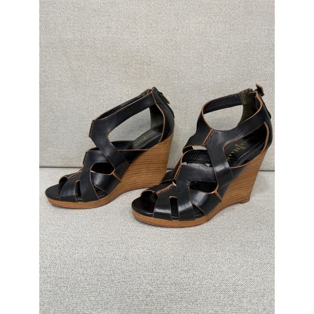 Cole Haan Black Leather‎ Caged Wedge Sandals Womens 7B Heel Zip D37884